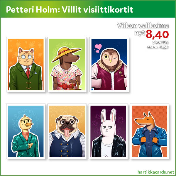 Villit Visiittikortit, Petteri Holmin piirtäminä. Tämän viikon tarjouksessa 8,40 / 7 postikorttia. 