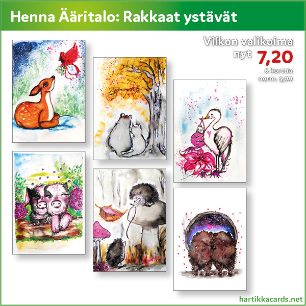 Rakkaat ystävät – hellyttävät eläinhahmot sopivat postikortteina tervehdykseen tai onnitteluun ystävälle. Viikon tarjous 7,20 / 6 korttia. 