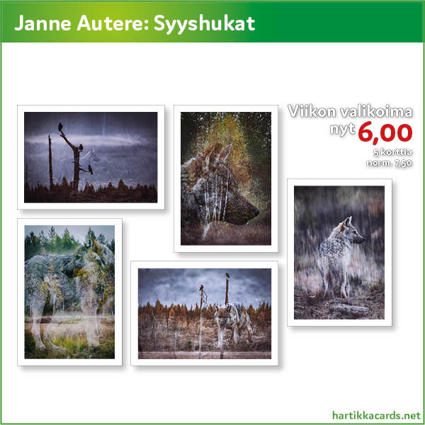Janne Autereen upeat kuvat susista erämaamaisemassa. Tarjoushinta 6,00 / 5 korttia.