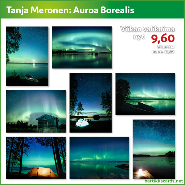 Tanja Merosen Aurora Borealis kuvaa upeita revontulia eteläisen Suomen taivaalla. Tämän viikon tarjoushinta 9,60. 
