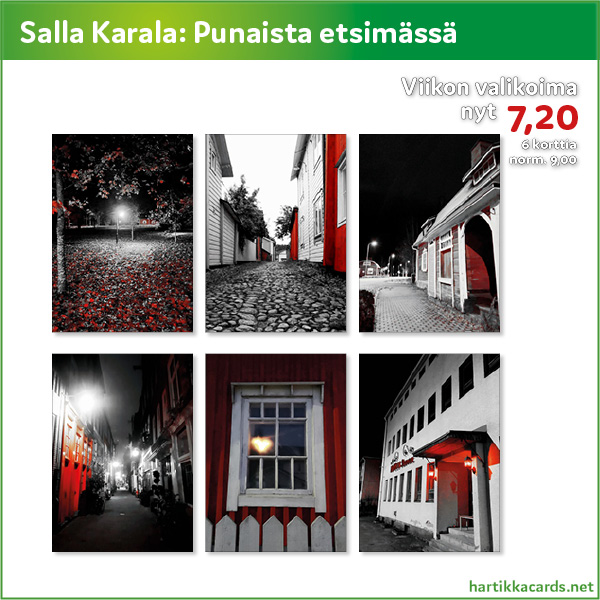 Salla Karalan Punaista etsimässä -korttisarjassa on punaisella sävytettyjä mustavalkokuvia postikortteina. 6 kpl 7,20. 