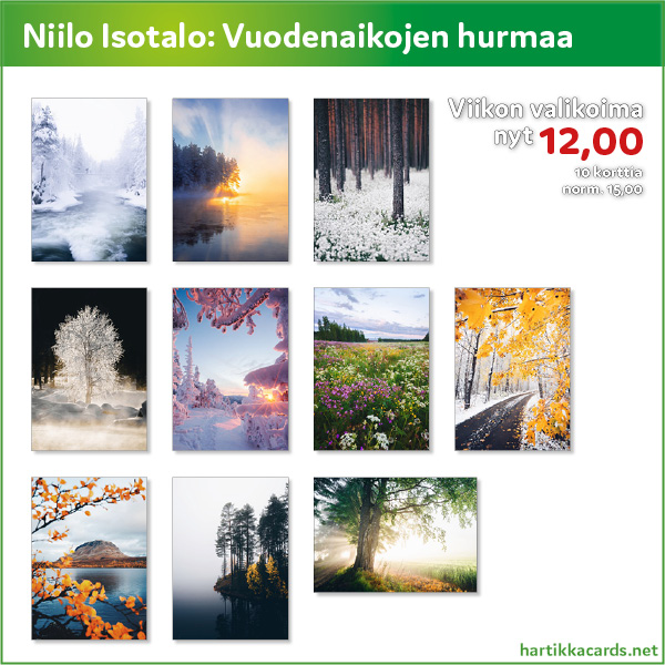 Niilo Isotalon huikeita kuvia. 10 postikortin valikoima 12 € tämän viikon ajan. 30 pv alin 15 €. 
