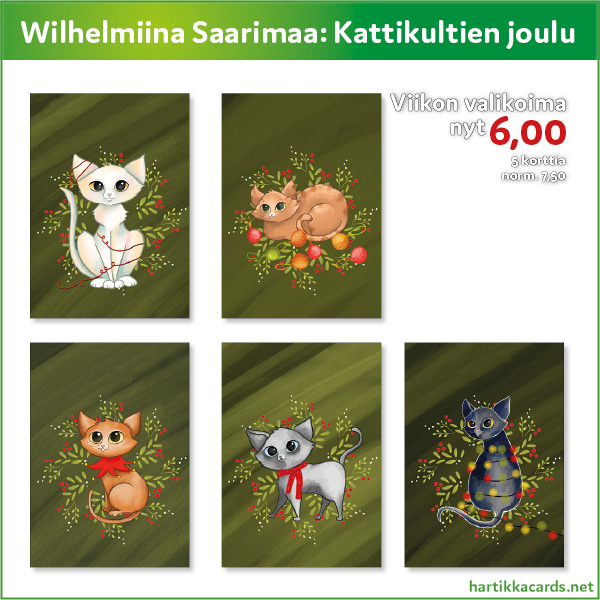 Wilhelmiina Saarimaan söpöt Kattikullat joulukortteina! 5 kortin sarja nyt 6 €. 