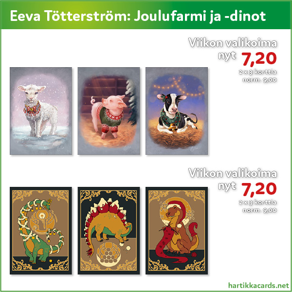 Eeva Tötterströmin molemmat joulusarjat ovat tarjouksessa: Joulufarmi ja Jouludinot. 7,20 € per sarja. 